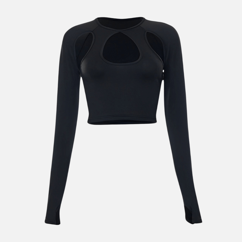Top Cropped Preto de Manga Longa com Recortes – Virarina