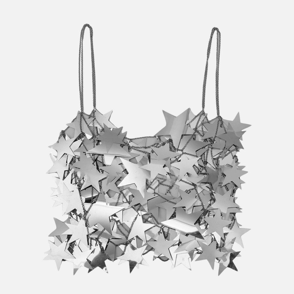 Top Feminino Metálico Prateado com Aplicações de Estrelas Espelhadas – Valirina