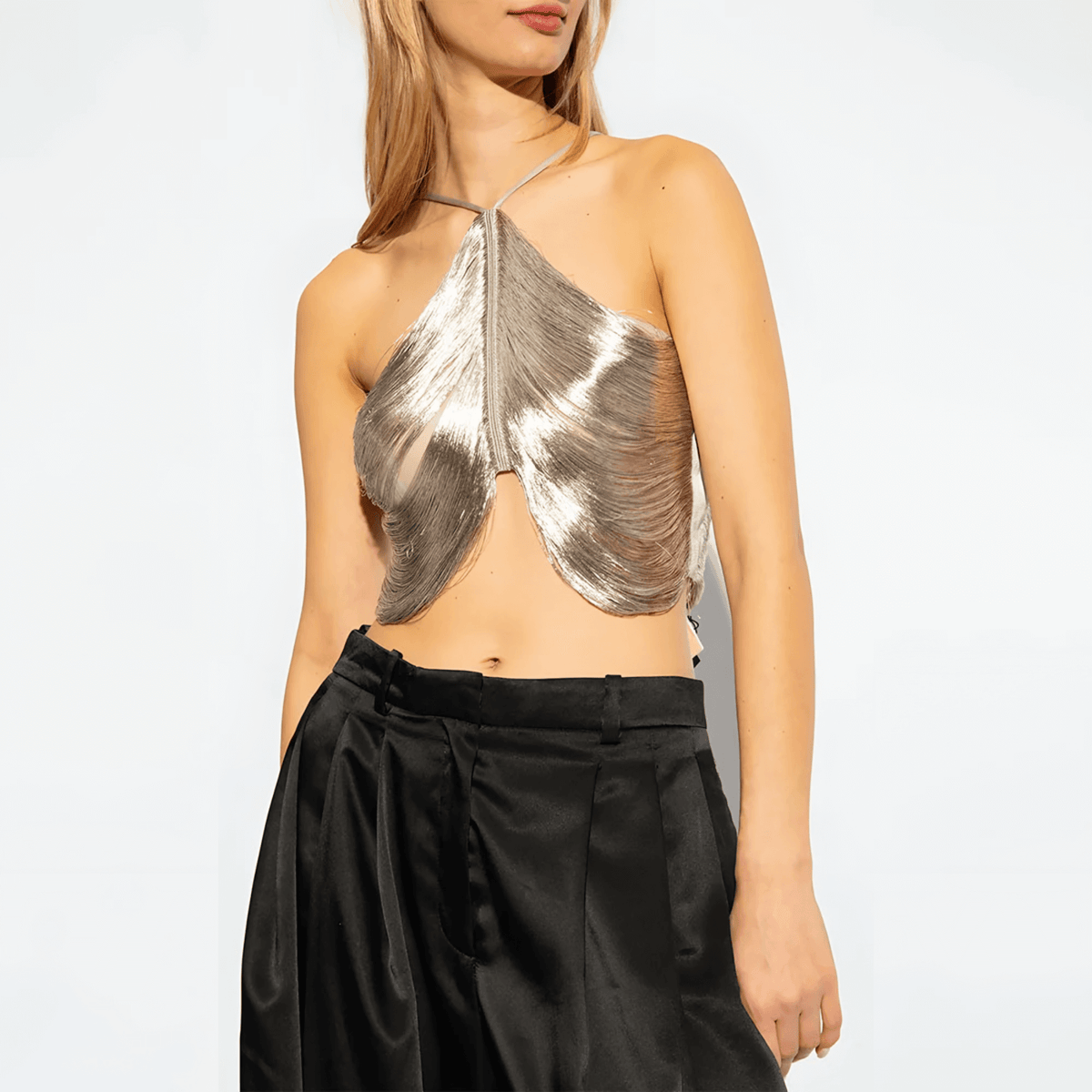 Top Feminino de Festa com Franjas Metálicas e Recorte Assimétrico – Alinora