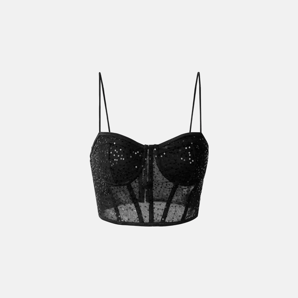 Top Cropped Preto de Tule com Lantejoulas Estilo Corset – Valarina