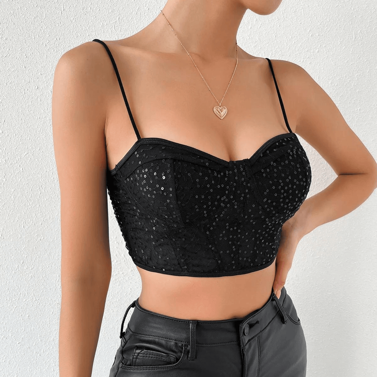 Top Cropped Preto de Tule com Lantejoulas Estilo Corset – Valarina