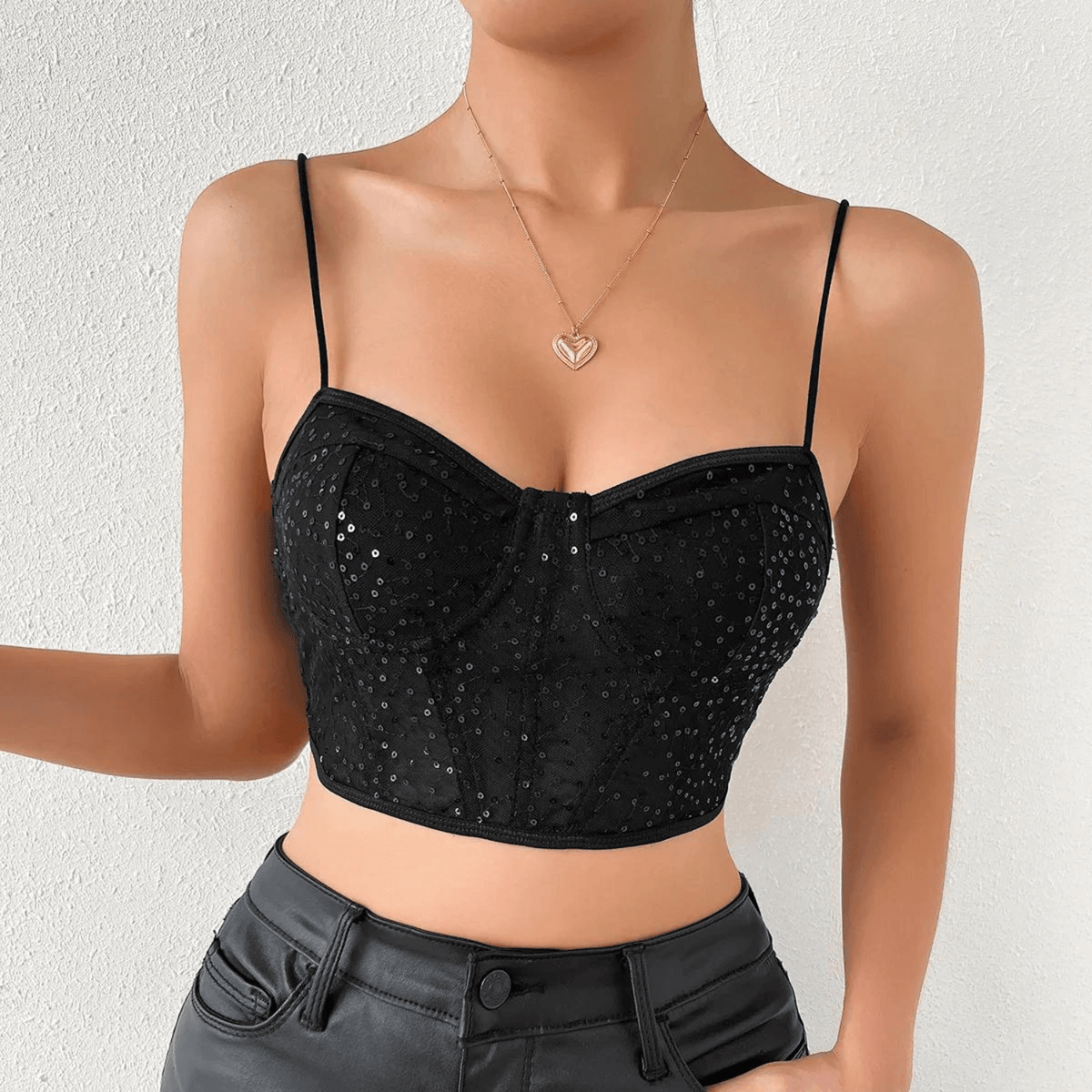 Top Cropped Preto de Tule com Lantejoulas Estilo Corset – Valarina