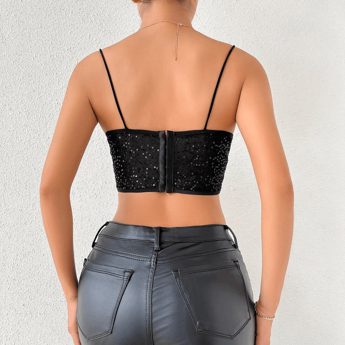 Top Cropped Preto de Tule com Lantejoulas Estilo Corset – Valarina