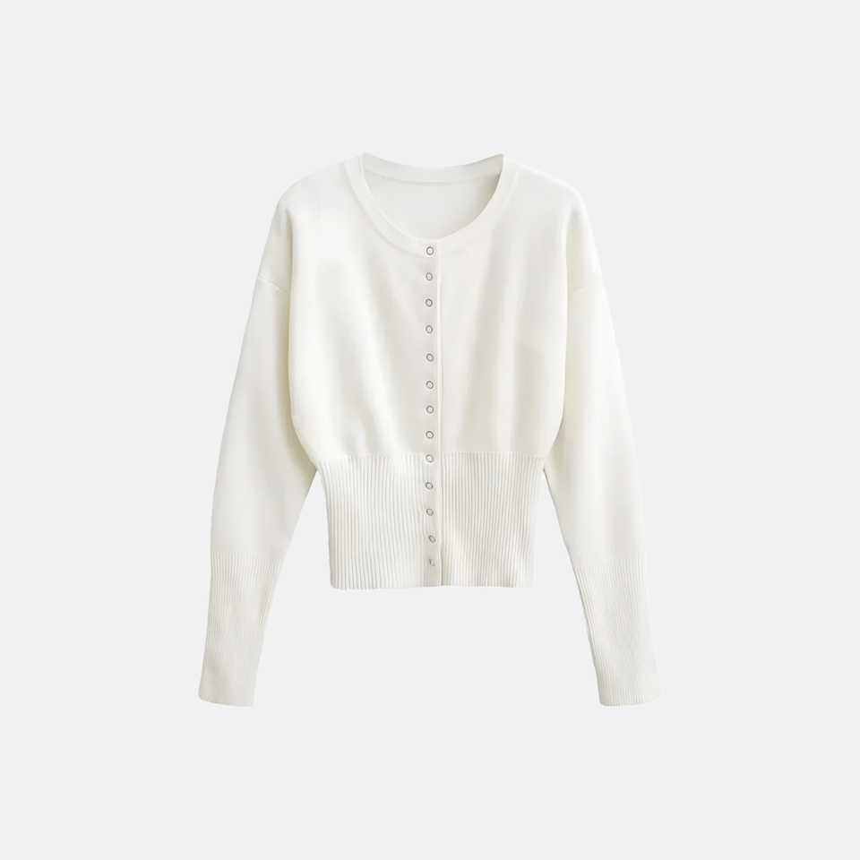 Cardigan Cropped de Tricô com Cintura Marcada e Botões – Arinira