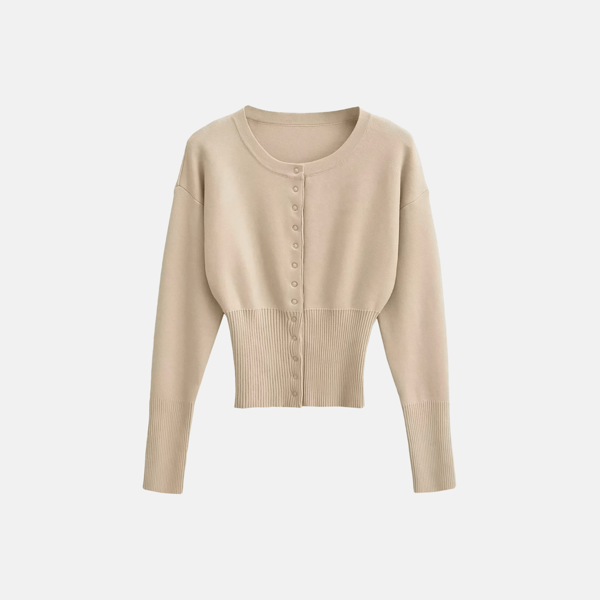 Cardigan Cropped de Tricô com Cintura Marcada e Botões – Arinira