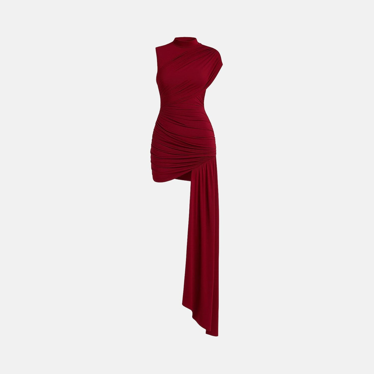 Vestido Curto Drapeado Assimétrico com Cauda Lateral e Gola Alta – Clarice
