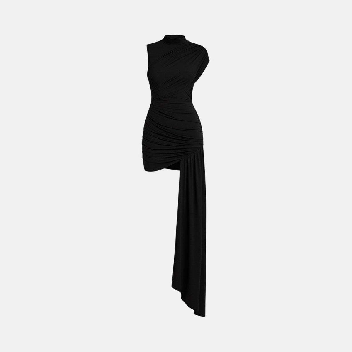 Vestido Curto Drapeado Assimétrico com Cauda Lateral e Gola Alta – Clarice