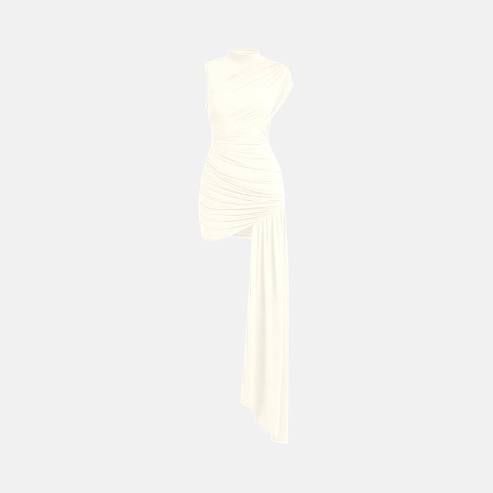 Vestido Curto Drapeado Assimétrico com Cauda Lateral e Gola Alta – Clarice
