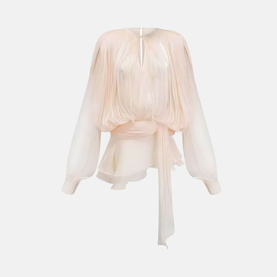 Vestido Curto com Mangas Poeta Volumosas, Corpo Drapeado e Saia Envelope – Amanara
