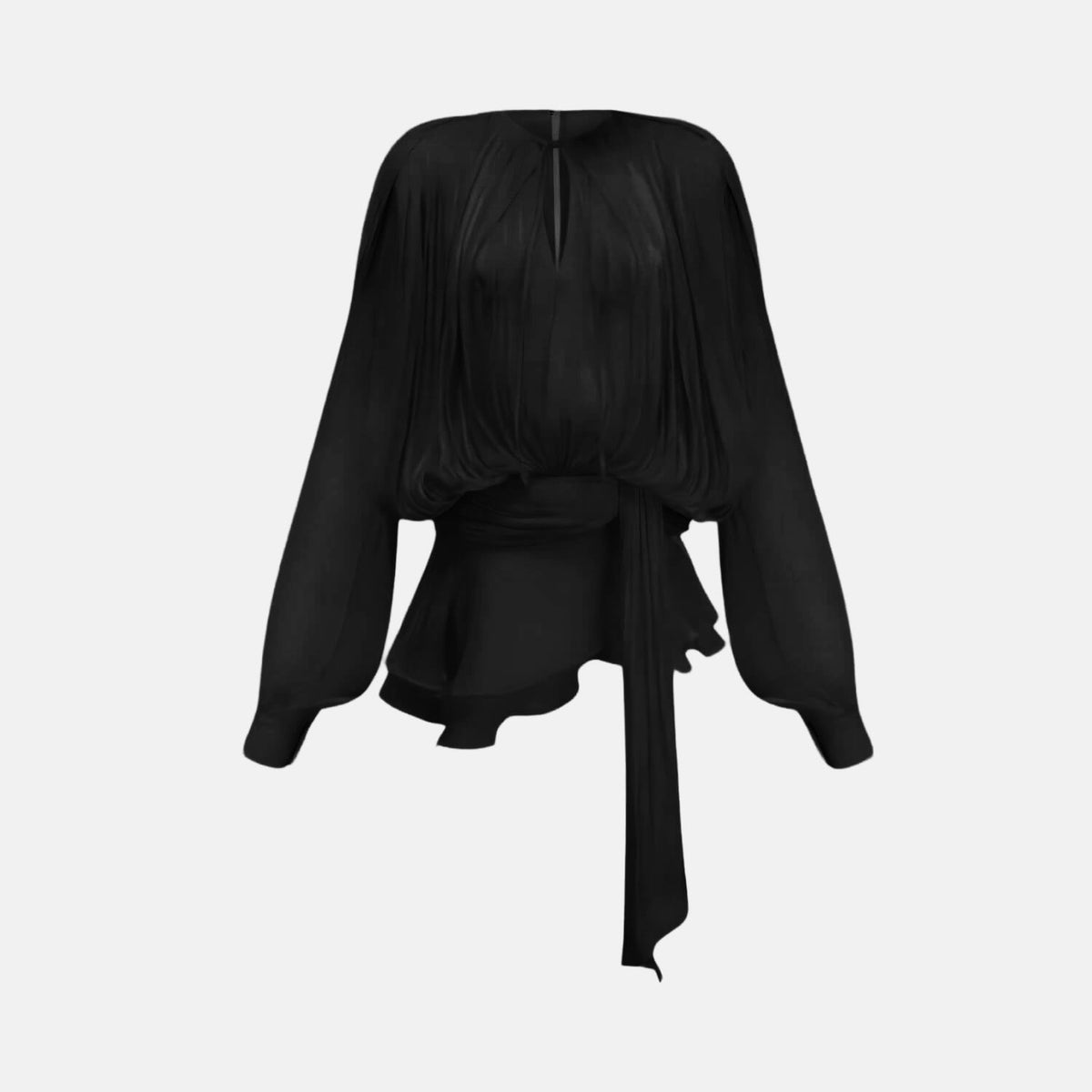 Vestido Curto com Mangas Poeta Volumosas, Corpo Drapeado e Saia Envelope – Amanara