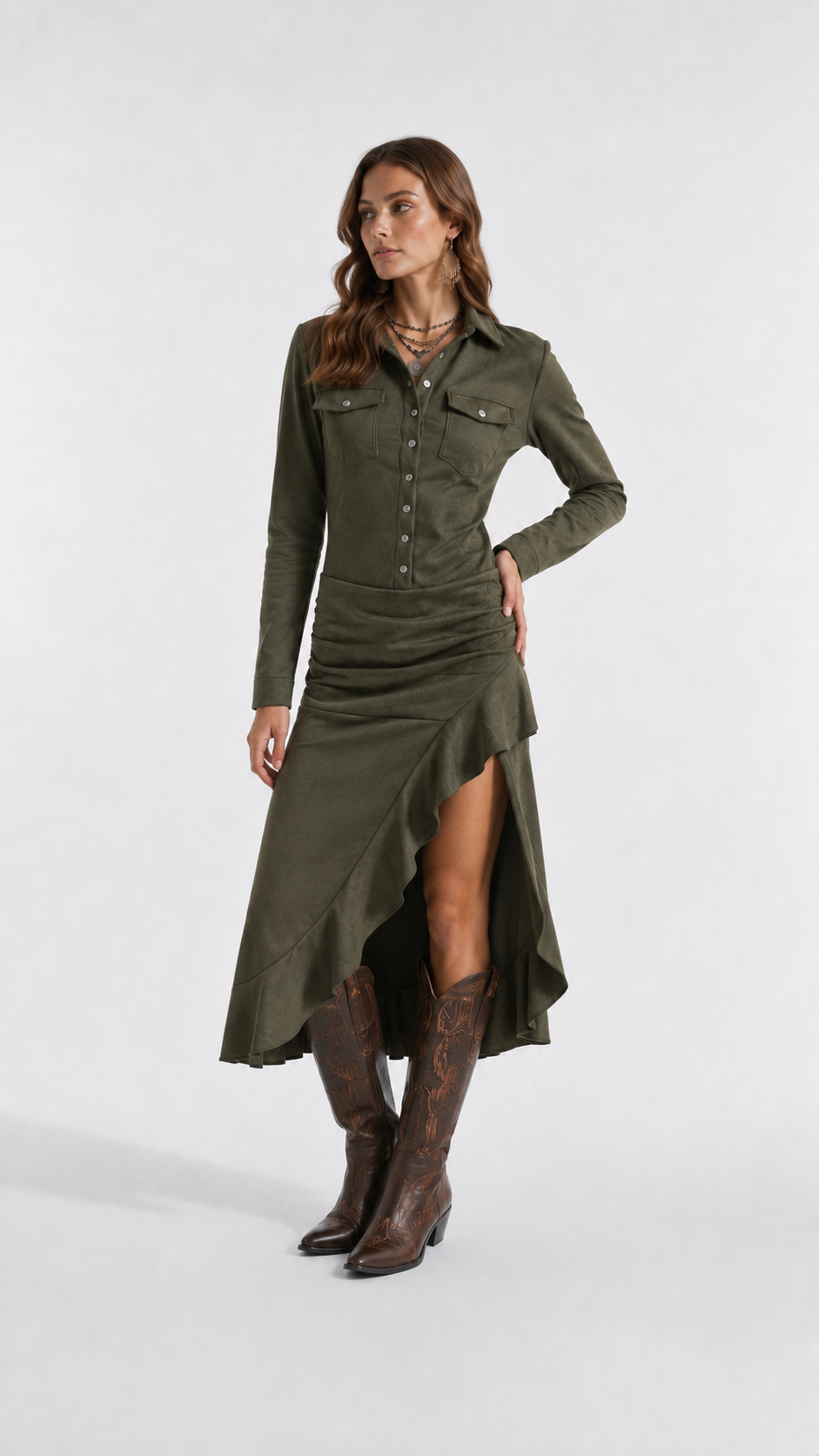 Vestido Feminino Saia Longa Assimétrica e Camisa Manga Longa em Camurça – Karina