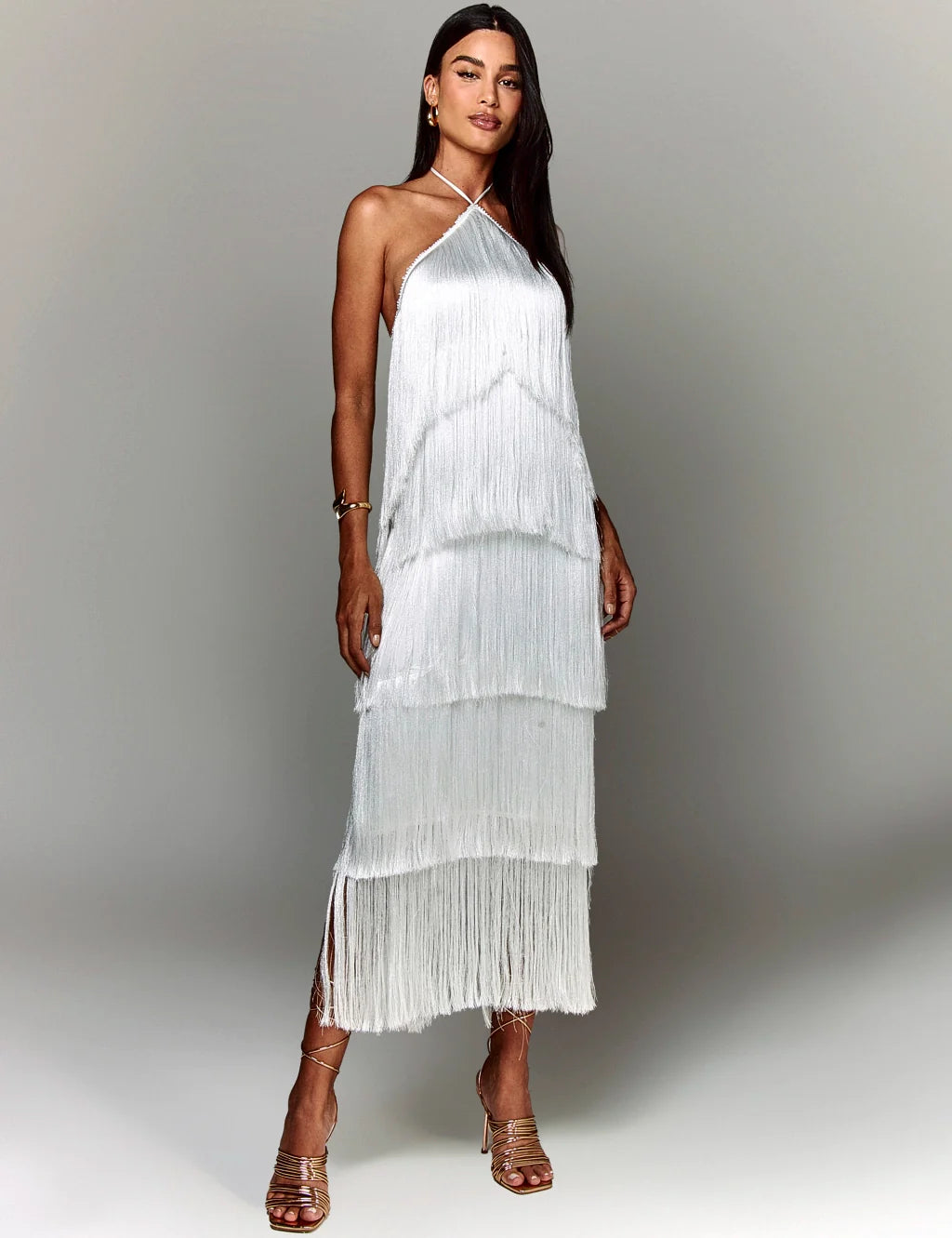 Vestido Feminino de Festa Elegante Midi Com Franjas – Caralina