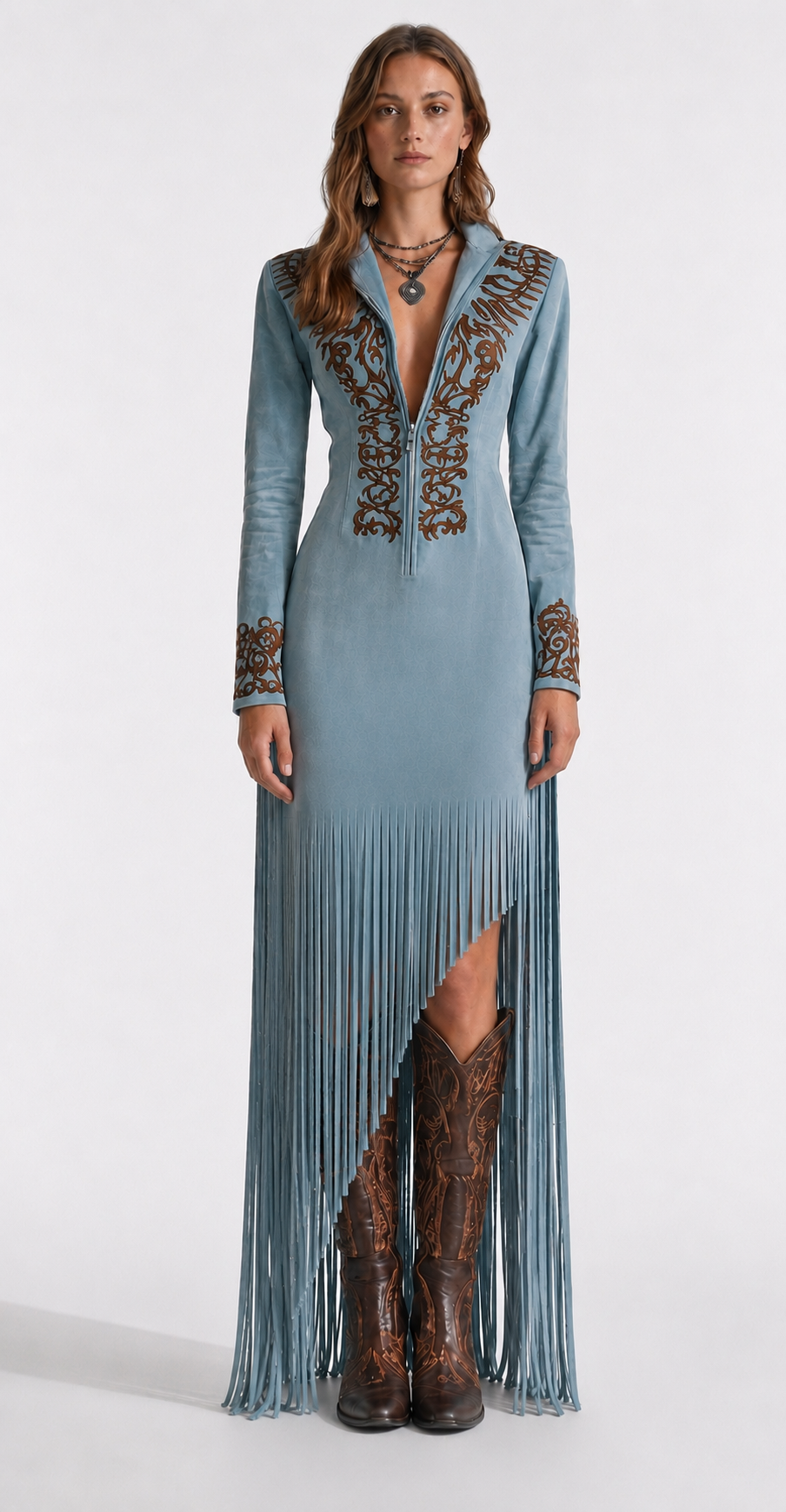 Vestido Longo Country Feminino com Franjas, Bordado Western e Manga Longa – Anabela
