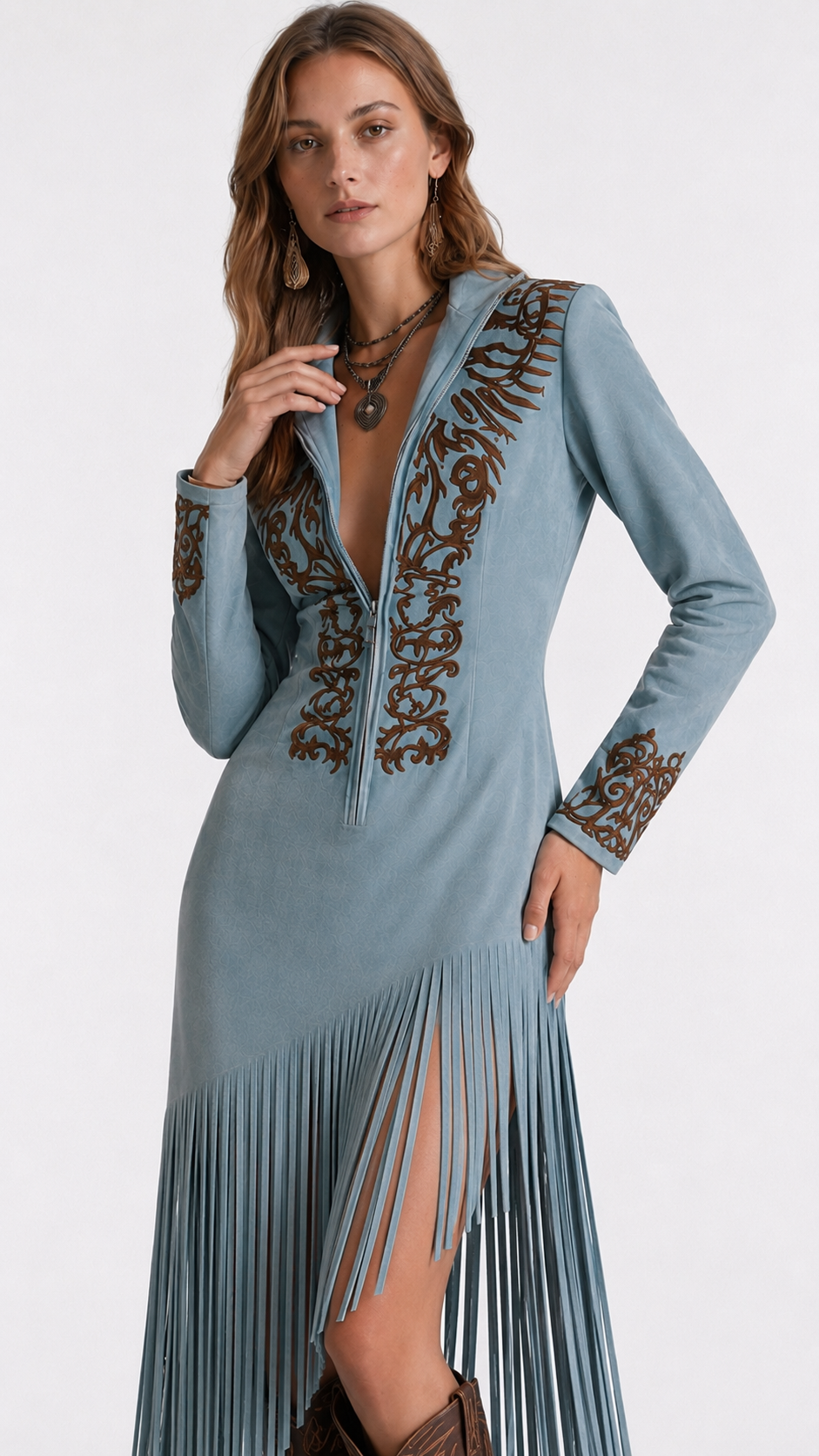 Vestido Longo Country Feminino com Franjas, Bordado Western e Manga Longa – Anabela