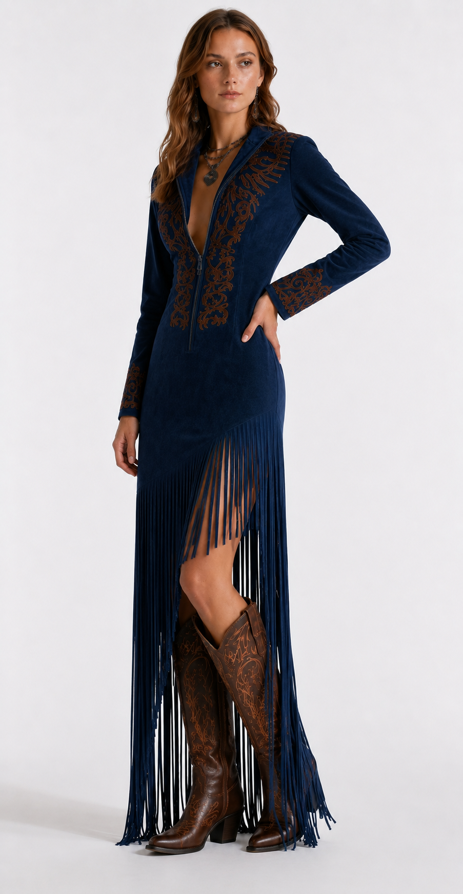 Vestido Longo Country Feminino com Franjas, Bordado Western e Manga Longa – Anabela