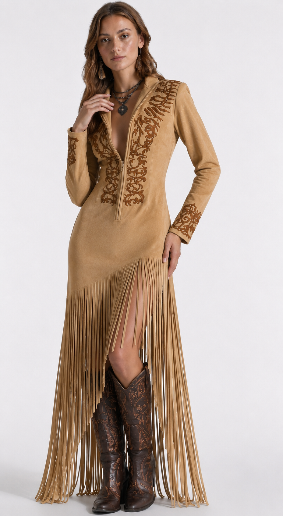 Vestido Longo Country Feminino com Franjas, Bordado Western e Manga Longa – Anabela