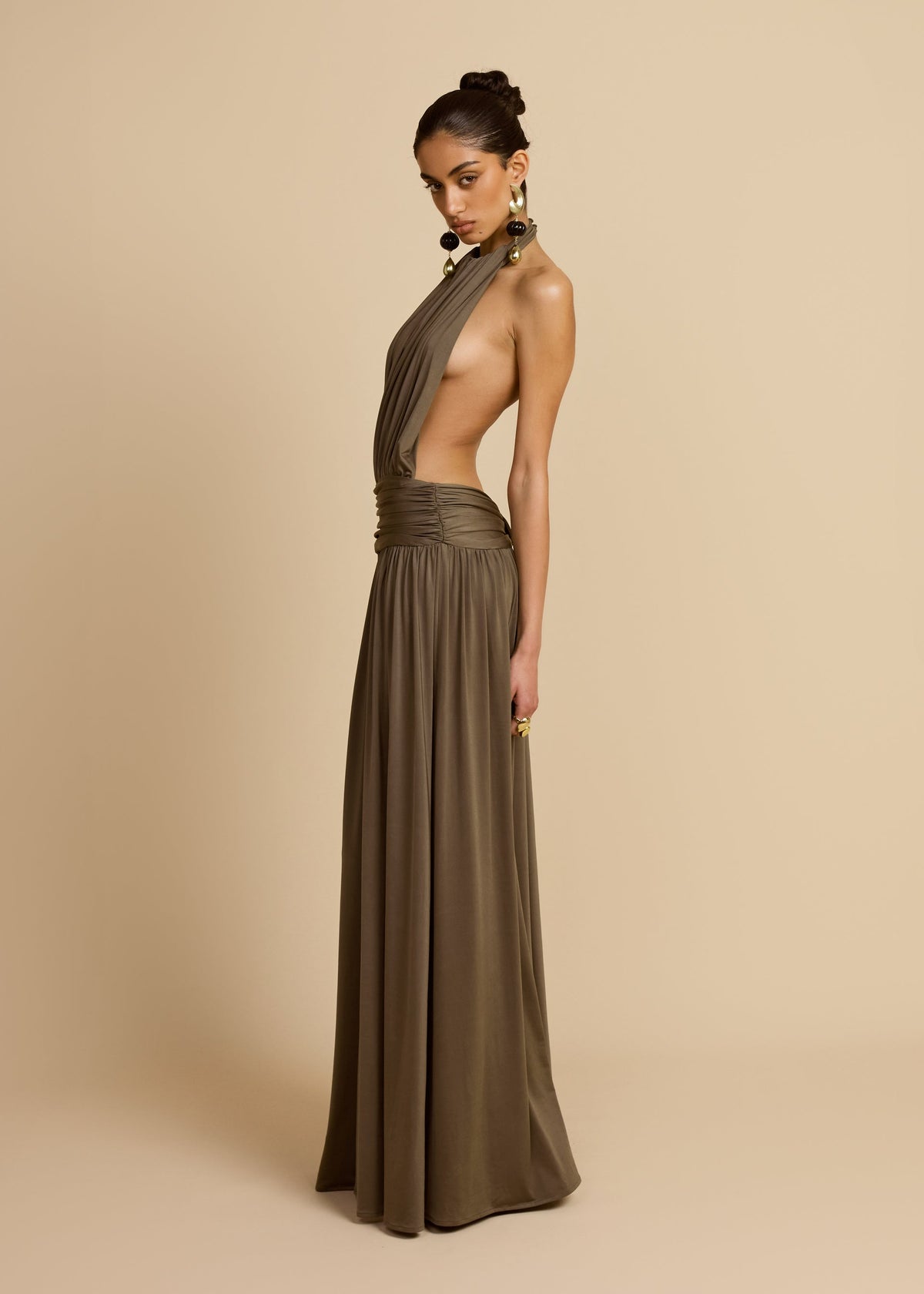 Vestido Longo Frente Única com Cintura Drapeada – Jaqueline