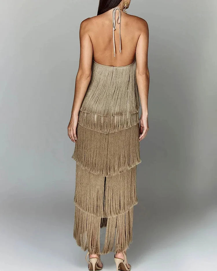 Vestido Feminino de Festa Elegante Longo Com Franjas – Celilina