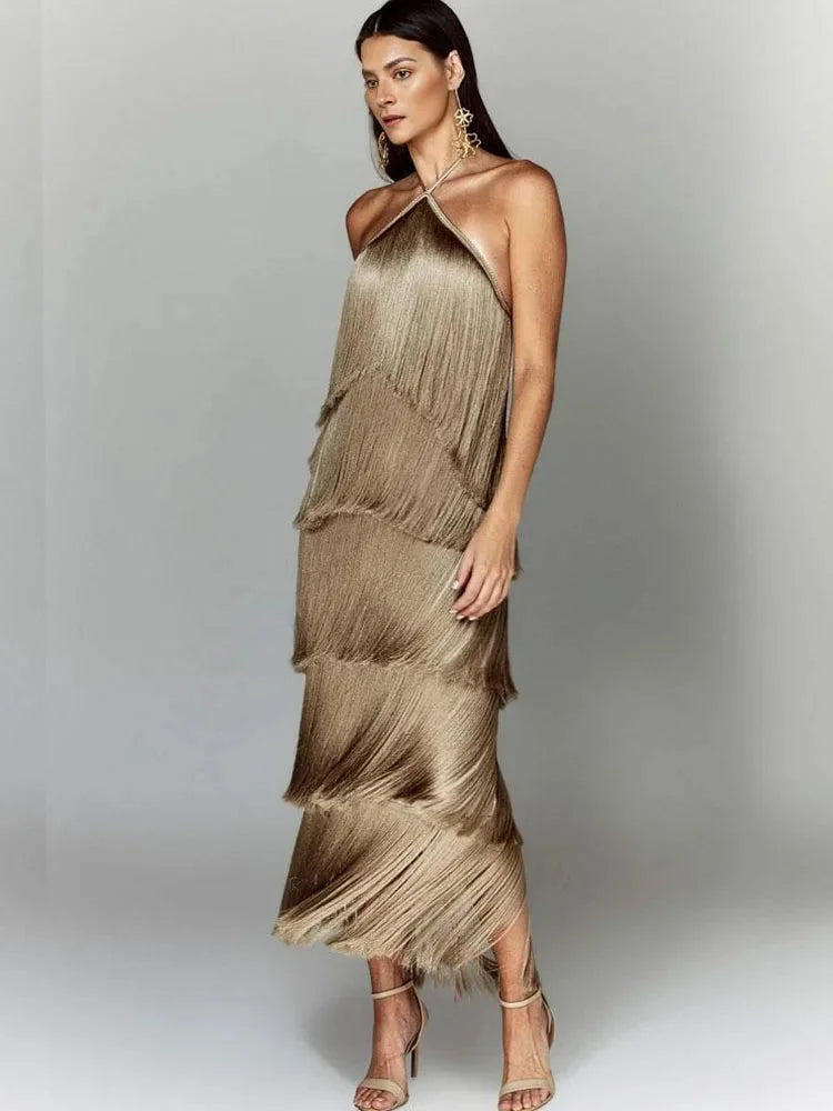 Vestido Feminino de Festa Elegante Midi Com Franjas – Caralina