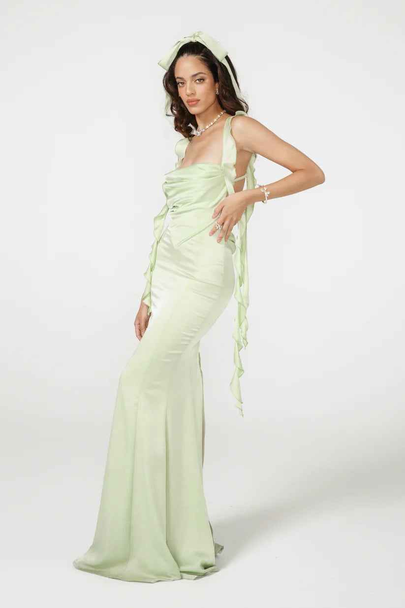 Vestido Longo Verde Menta de Festa com Alças em Amarração e Decote Coração Feminino – Pérola