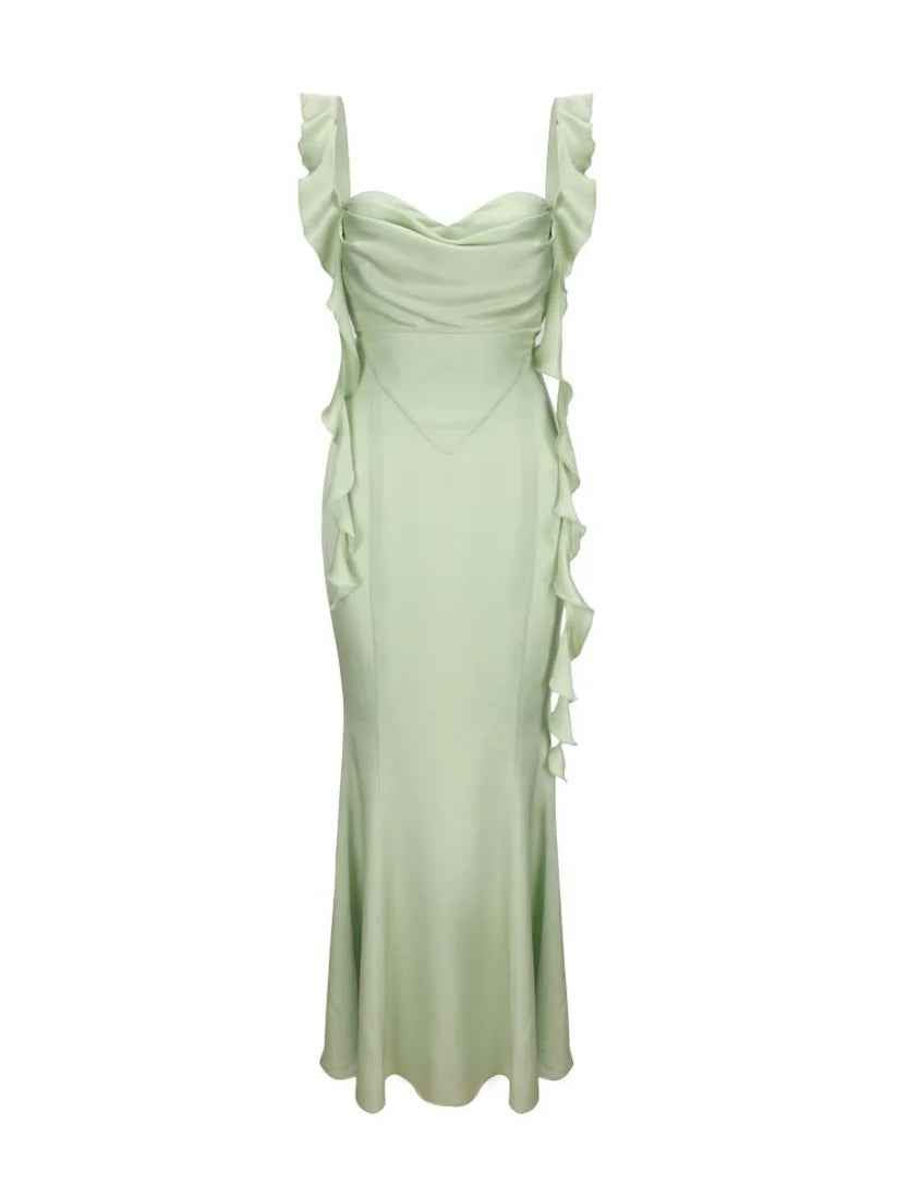 Vestido Longo Verde Menta de Festa com Alças em Amarração e Decote Coração Feminino – Pilar