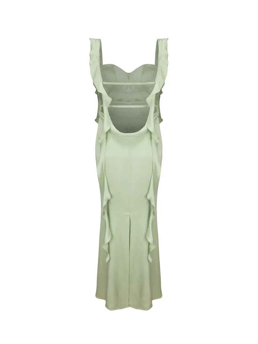 Vestido Longo Verde Menta de Festa com Alças em Amarração e Decote Coração Feminino – Pilar