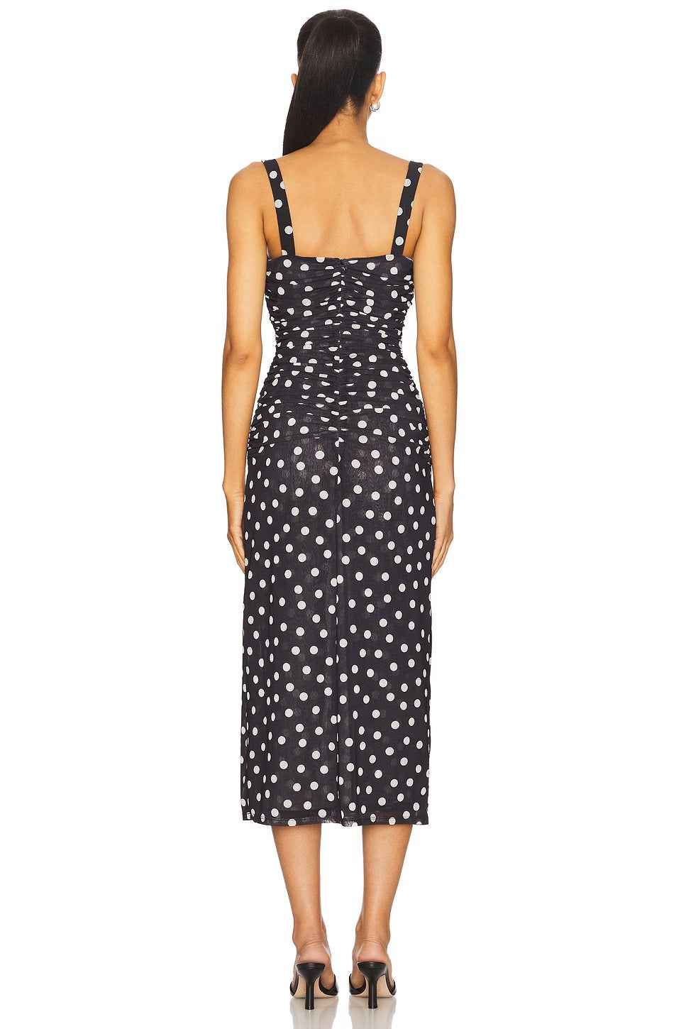 Vestido Midi Feminino Elegante Poá em Tule com Decote Estruturado e Alças – Ariana