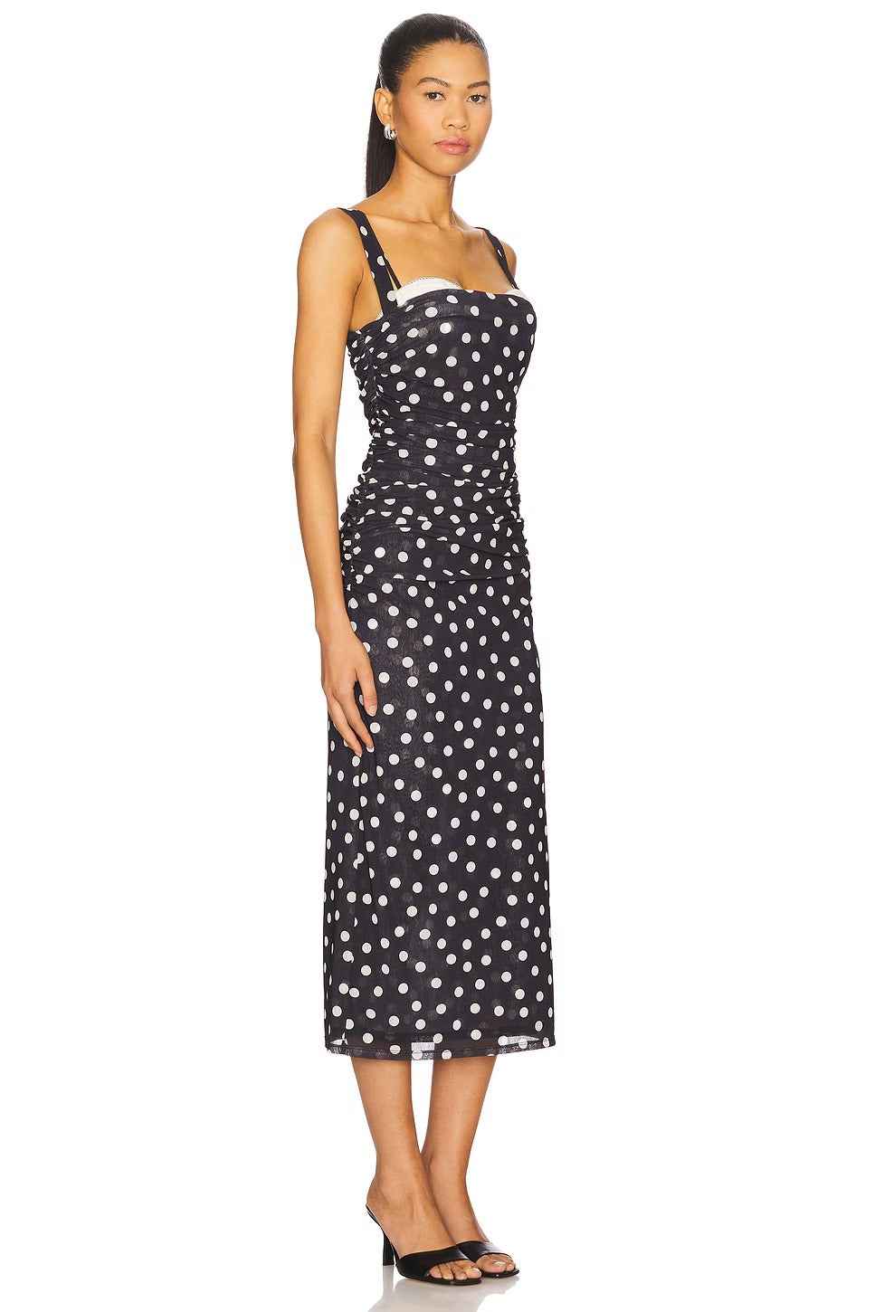 Vestido Midi Feminino Elegante Poá em Tule com Decote Estruturado e Alças – Ariana