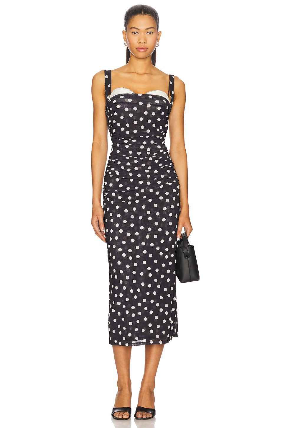 Vestido Midi Feminino Elegante Poá em Tule com Decote Estruturado e Alças – Ariana