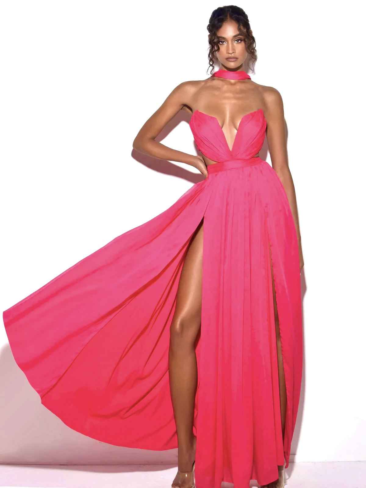 Vestido de Festa Longo Fúcsia com Fendas e Recortes – Salirina