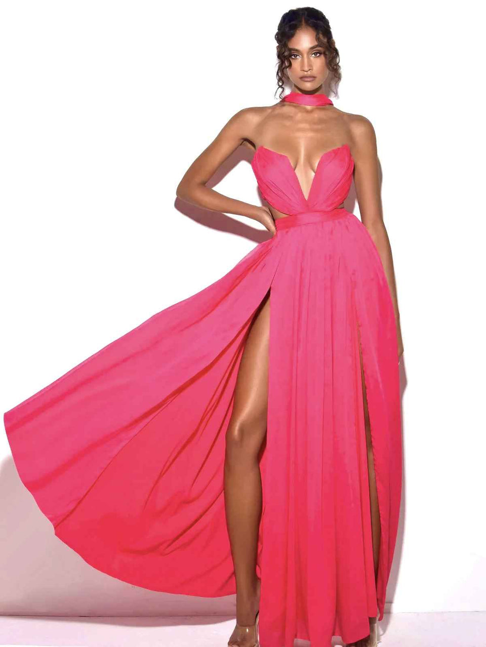 Vestido de Festa Longo Fúcsia com Fendas e Recortes – Salirina