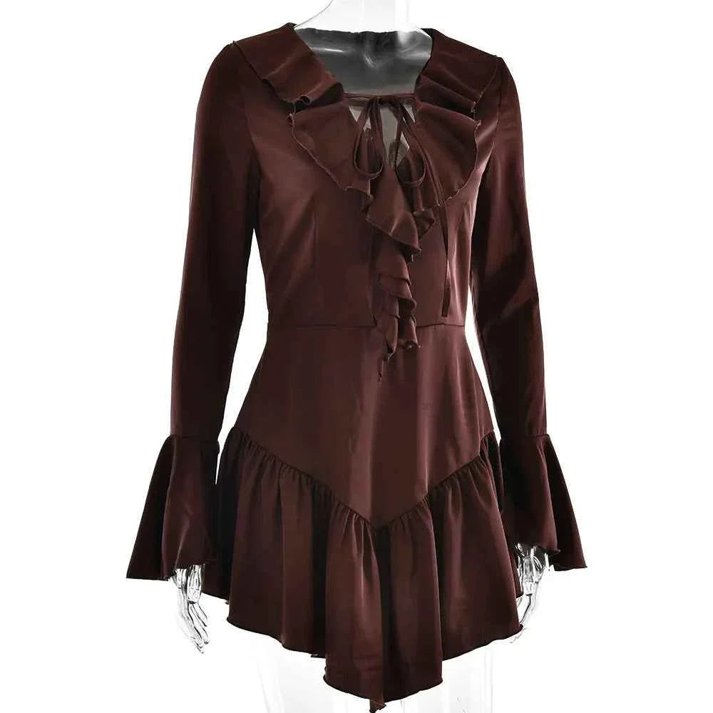 Vestido Curto de Cetim com Babados e Amarração Frontal – Lelinara