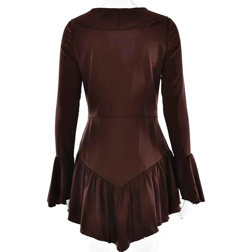 Vestido Curto de Cetim com Babados e Amarração Frontal – Lelinara