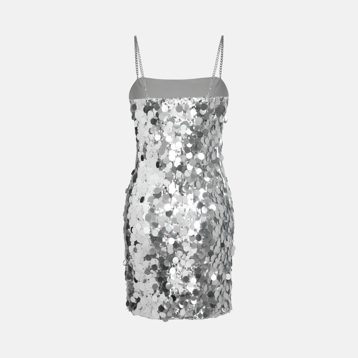 Vestido de Festa Curto Prata de Paetê com Alça de Corrente – Alerisa