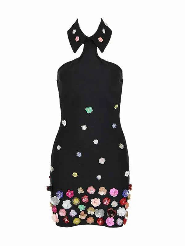Vestido de Festa Curto com Gola Halter e Aplicação de Paetês Florais Coloridos – Novanira