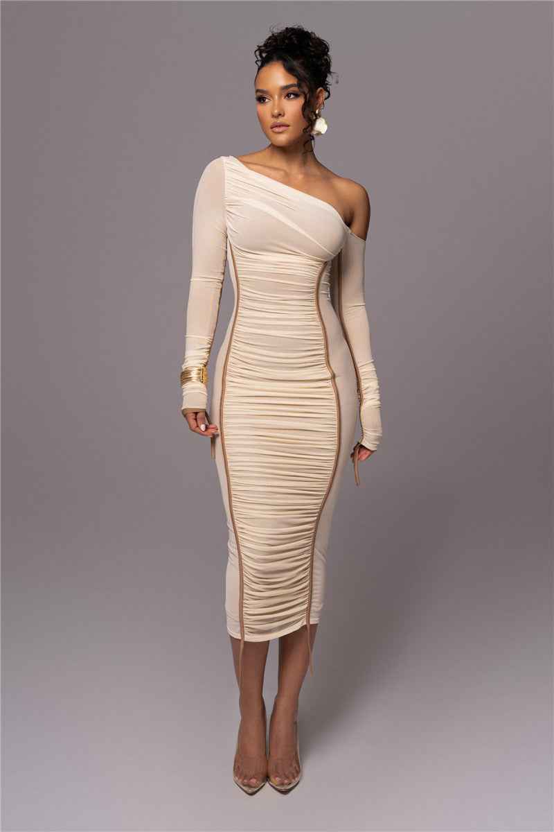 Vestido Midi de Festa Assimétrico com Manga Longa e Franzidos – Tialia
