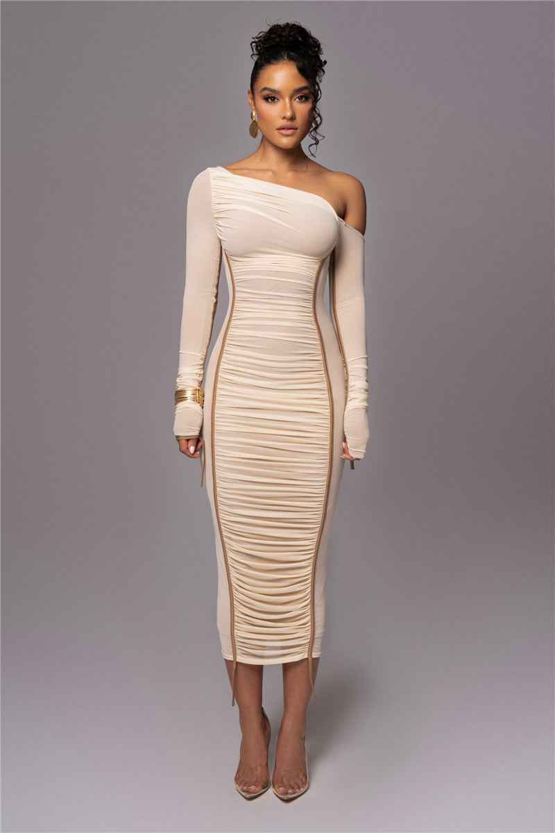 Vestido Midi de Festa Assimétrico com Manga Longa e Franzidos – Tialia