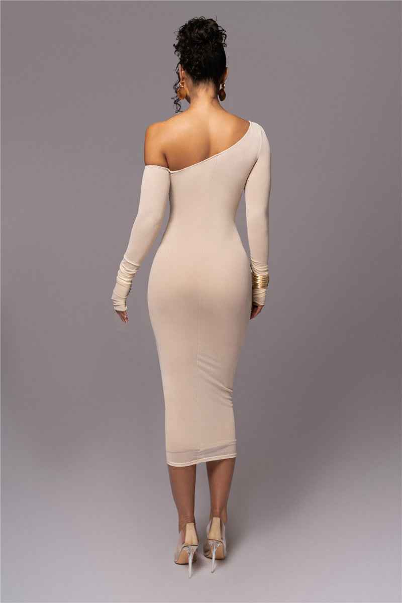 Vestido Midi de Festa Assimétrico com Manga Longa e Franzidos – Tialia