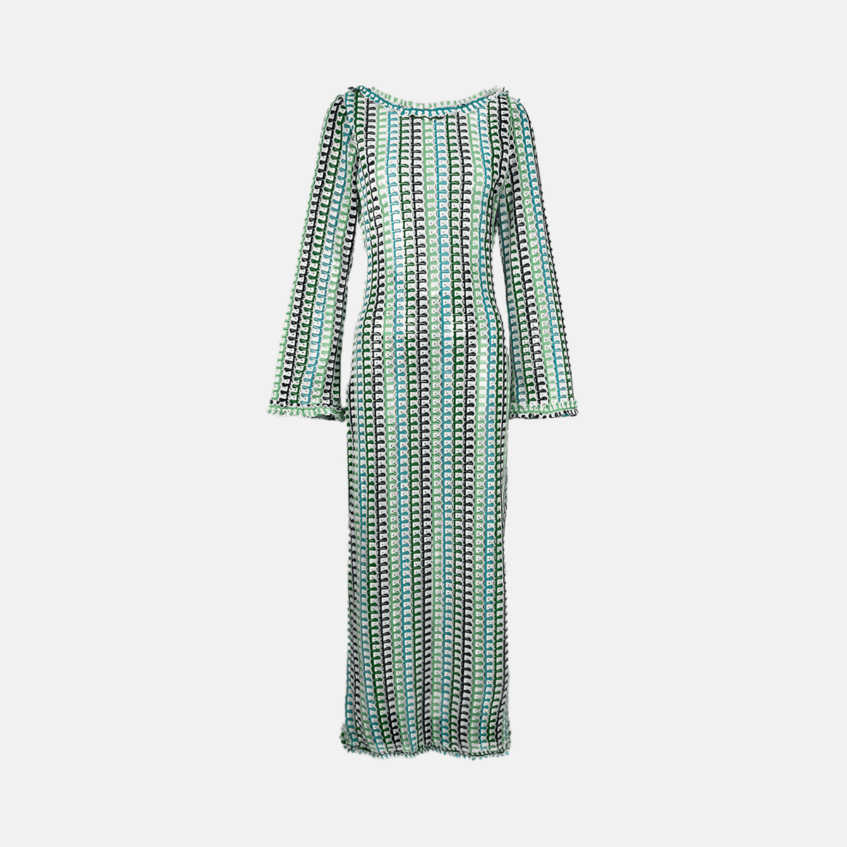 Vestido Longo de Tricô Estampado com Manga Sino e Decote Canoa – Larilina