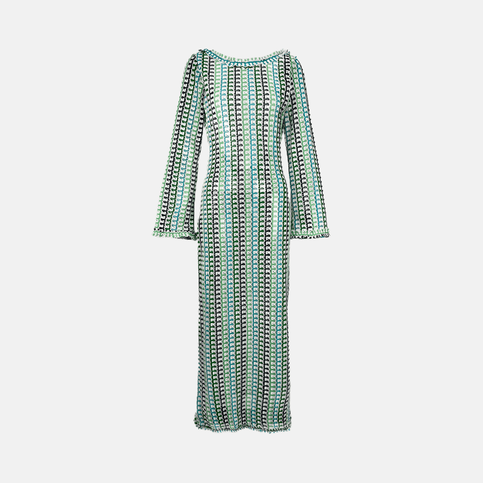 Vestido Longo de Tricô Estampado com Manga Sino e Decote Canoa – Larilina