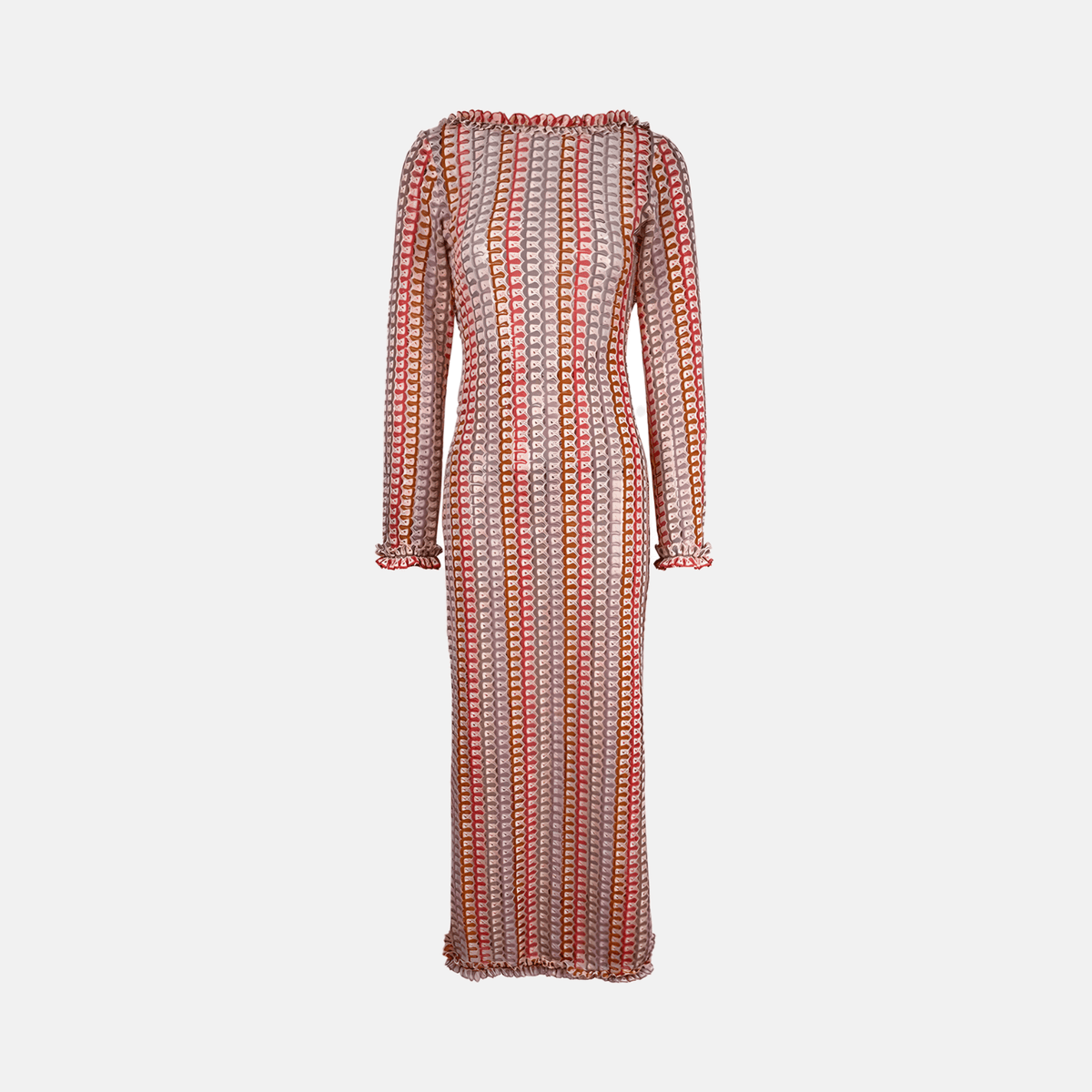 Vestido Longo de Tricô Estampado com Manga Sino e Decote Canoa – Larilina