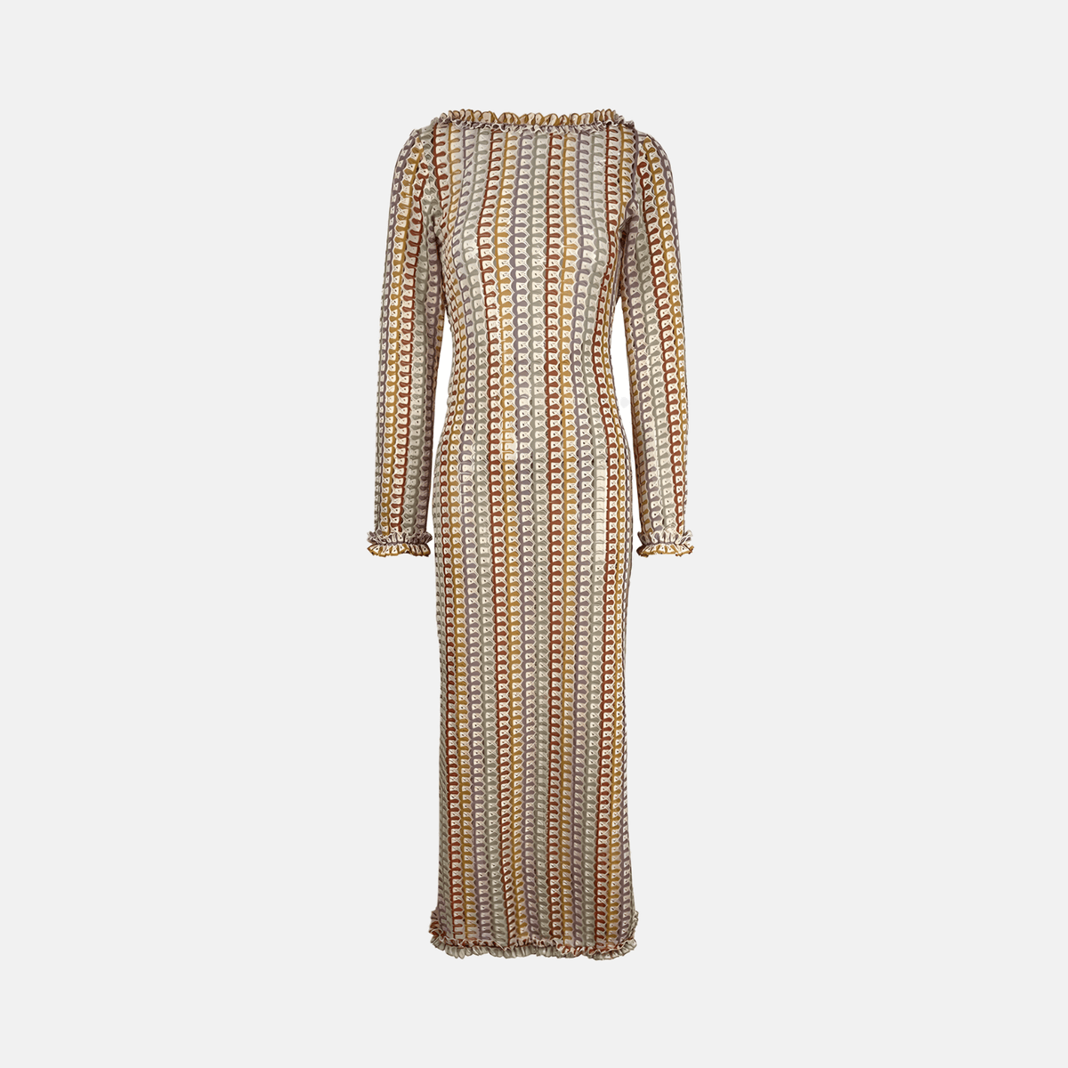 Vestido Longo de Tricô Estampado com Manga Sino e Decote Canoa – Larilina