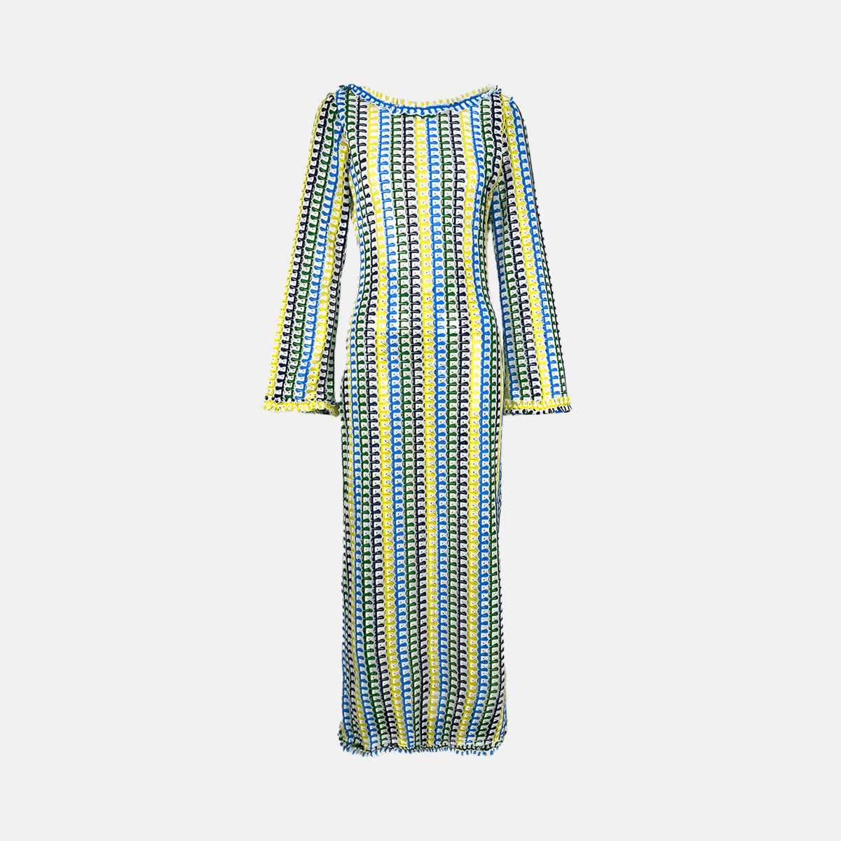 Vestido Longo de Tricô Estampado com Manga Sino e Decote Canoa – Larilina