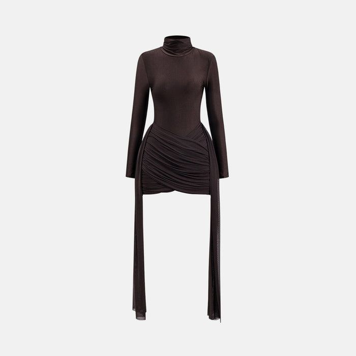 Vestido Curto Drapeado Assimétrico com Gola Alta e Tiras de Tule – Anália