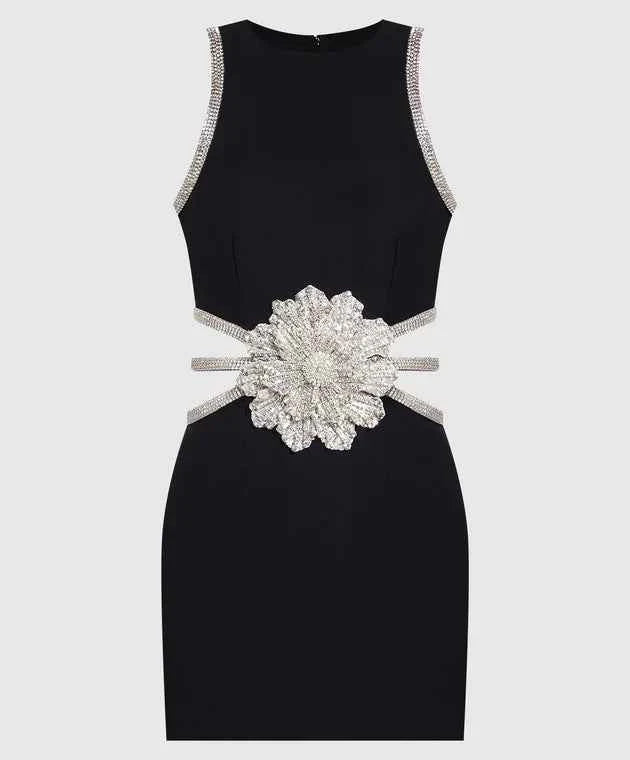 Vestido Curto Preto de Festa com Bordado Floral em Cristais e Recortes Laterais – Salinora