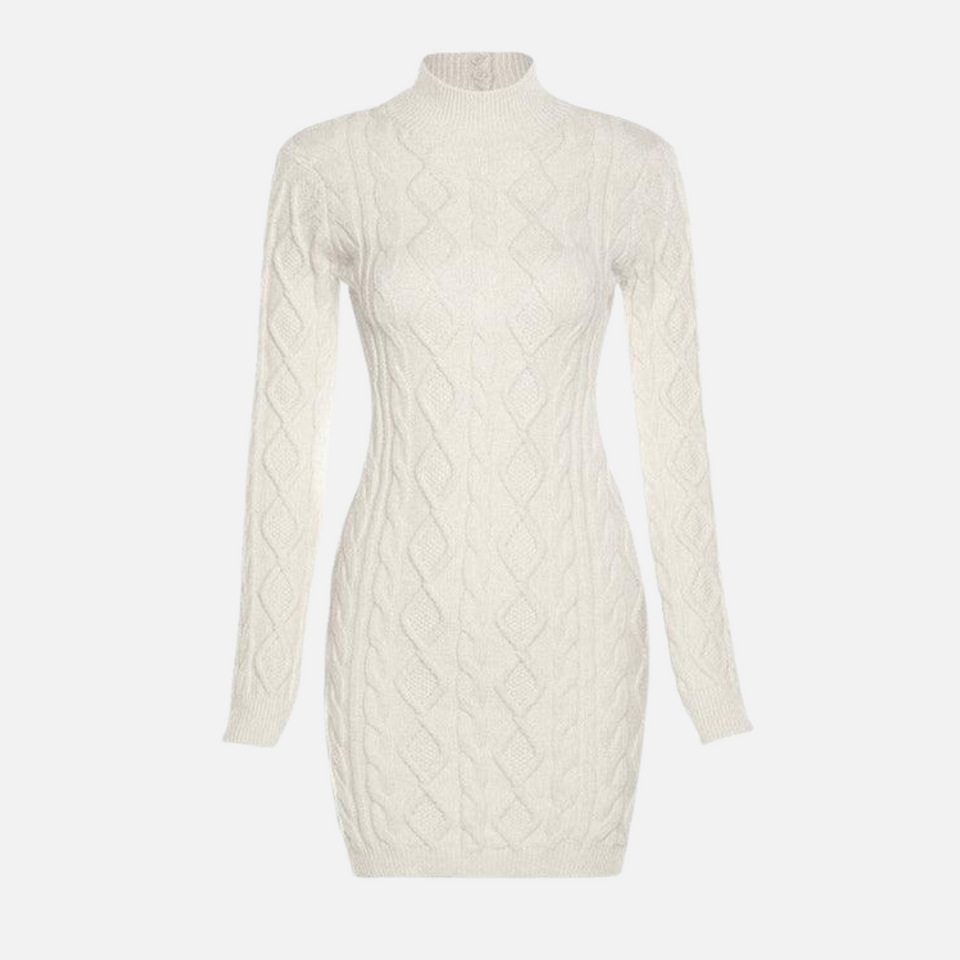 Vestido Curto de Tricô Off White Manga Longa com Costas Nuas – Aririsa
