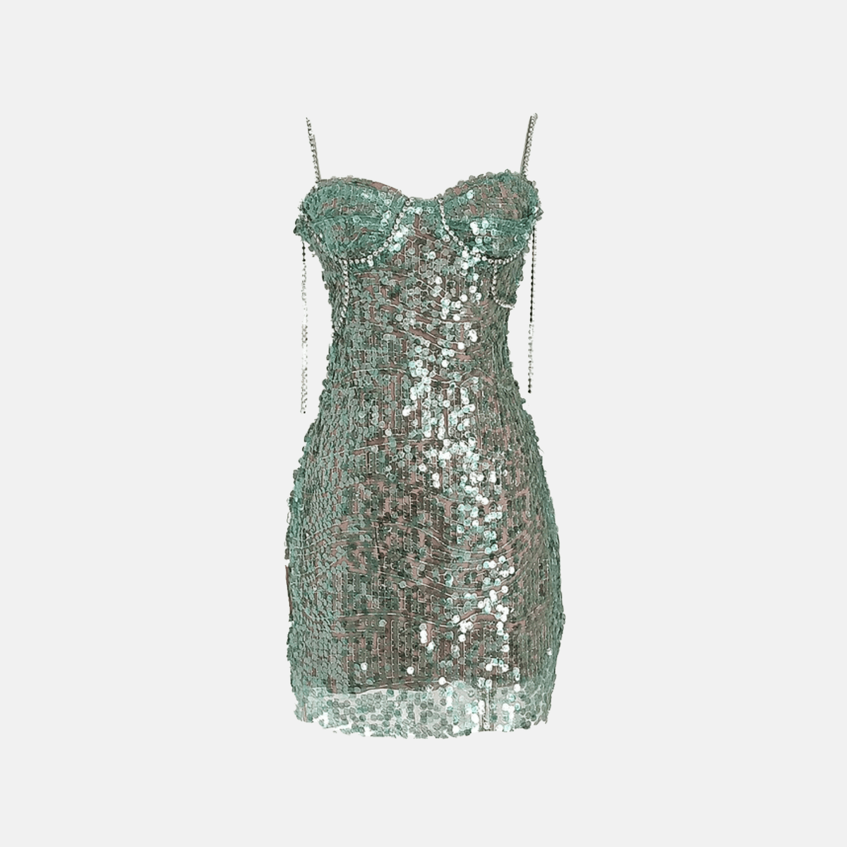Vestido Curto Verde com Paetês e Alças de Corrente – Seranira