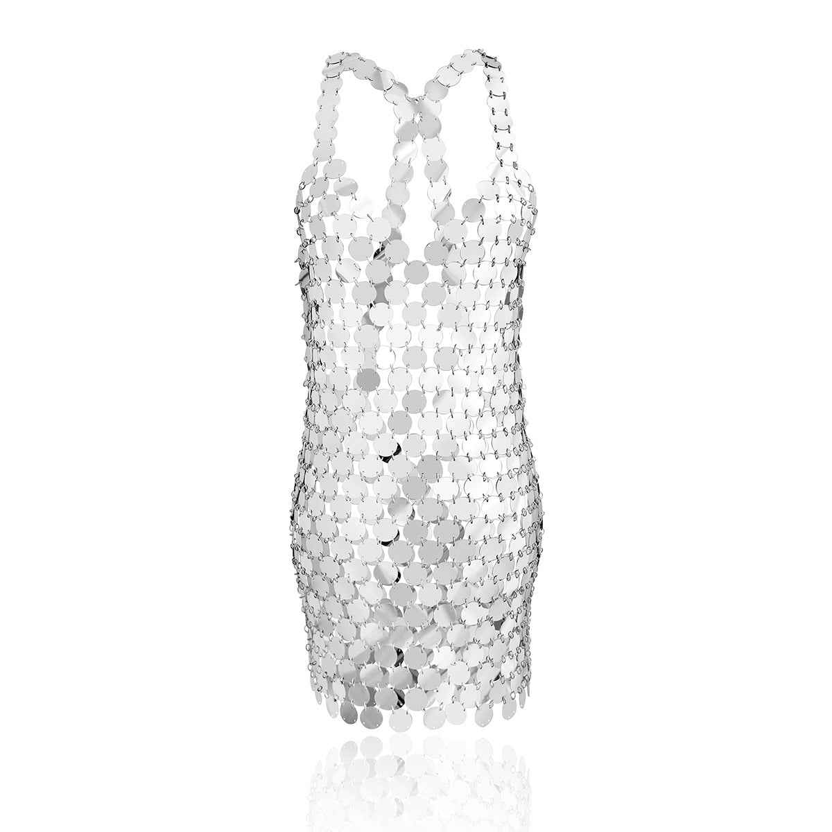 Vestido Curto com Paetês Metálicos e Decote Profundo – Galanira