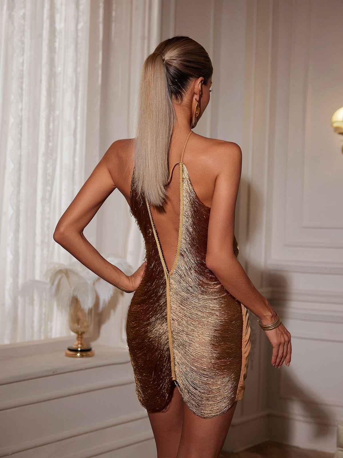 Vestido de Festa Curto com Franjas Metálicas Feminino – Lilinora