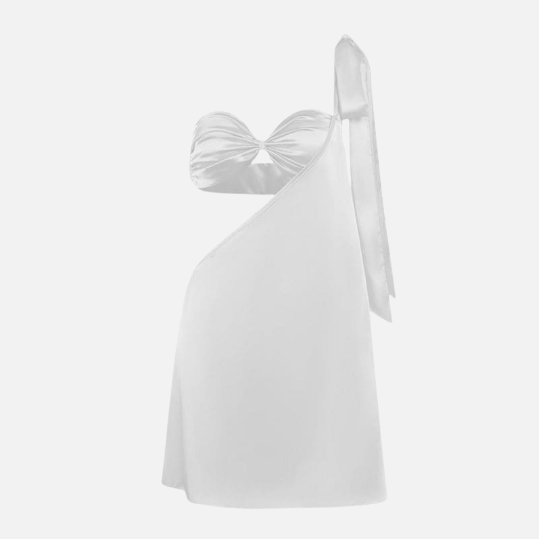 Vestido Curto de Festa com Laço em Um Ombro e Recorte Torcido no Busto – Selarina